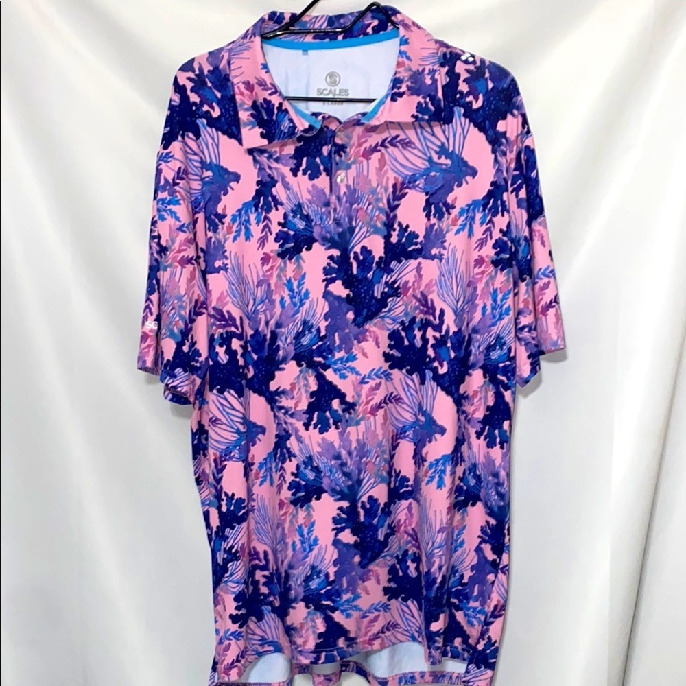 SCALES MENS SIZE XL Pink and Blue Polo Shirt with UNDERWATER CORAL Print EUC‎